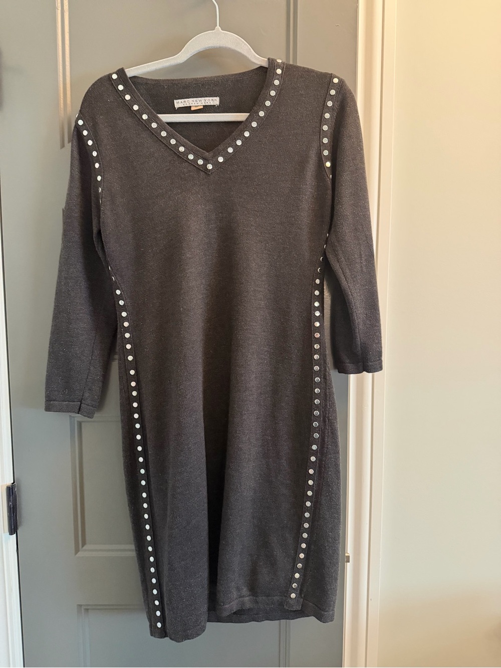 Marc new york Charcoal V-Neck Stud-Trim sweater Dress Rocker cool M